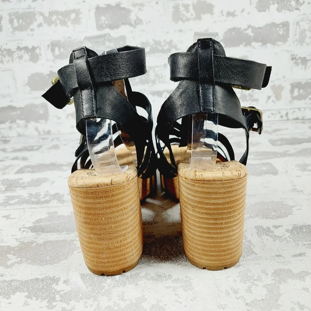 NEW Kork-Ease Camille Black Leather Block Heel Wedge Sandals E1014